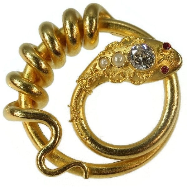 Antique gold snake or serpent brooch with big diamond